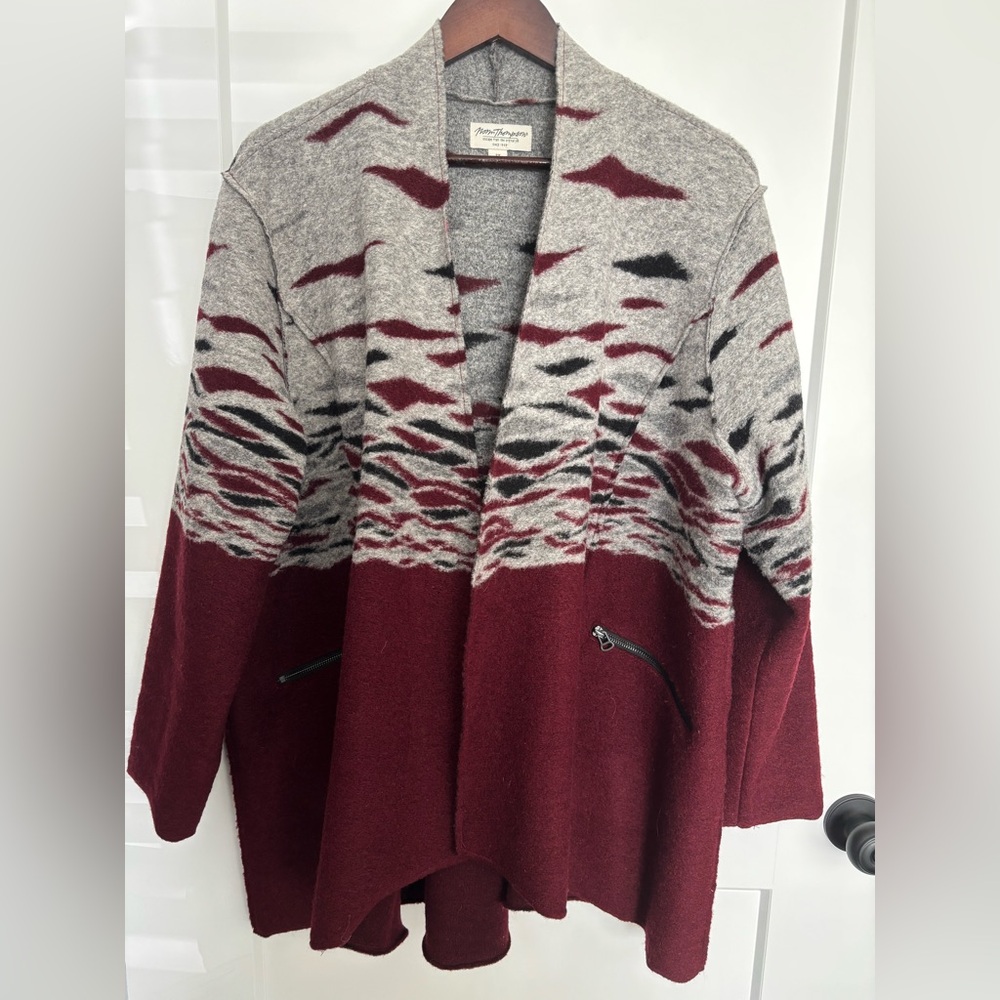 NORM THOMPSON OPEN FRONT 57% WOOL CARDIGAN GRAY & BURGUNDY SOUTHWESTERN SZ 2X